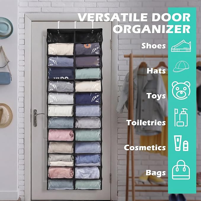 Over The Door Hoodie Organizer 26 Clear Pocket Sweatshirt Organizer with 3 Hooks Hanging Sweatshirt Hoodie Rack Holder Cabinet Behind The Doors for Dormitory Bedroom Closet Storage(Black)