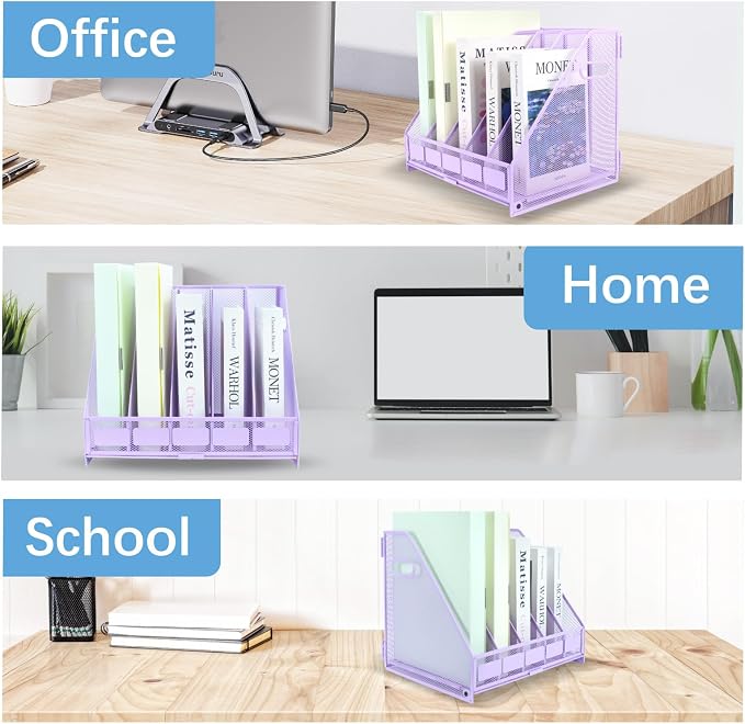 Desk Organizers Metal Magazine File Holder Racks Desktop Folder Storage Binder Organiser Document Organization for Home Office & Classroom,5 Vertical Compartments-Purple