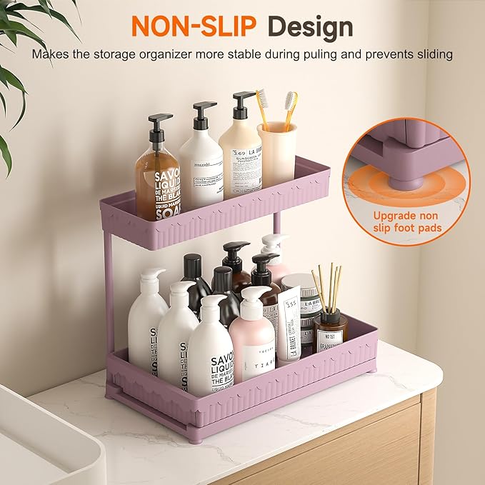 Sevenblue 3 Pack Multi-Purpose Under Sink Organizers and Storage, 2026 L-Shaped Pull Out Cabinet Organizer for Bathroom & Kitchen, Under Cabinet Organizer with Hooks Hanging Cup (Pink, 14.85 inch)