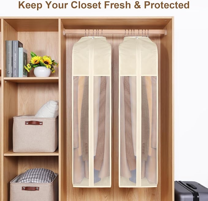 43" Premium Cotton Garment Bag for Hanging Clothes, Breathable Suit Bags for Closet Storage with Extre Large 10" Gusseted & Clear Window, Dust Cover with Zipper for Suits, 3 Pack, Beige