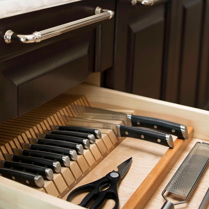Rev-A-Shelf Dual Row Trim-to-Custom Fit Knife Block Drawer Organizer with Storage Holder for Kitchen Utensils, 55 Slot Cutlery Tray, Wood, 4WDKB-1