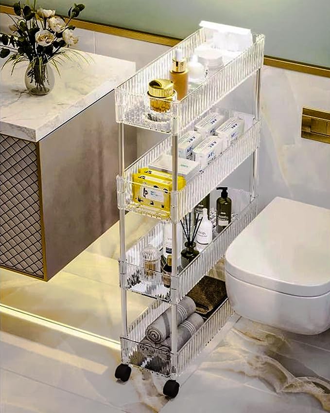 4-Tier Plastic Rolling Utility Cart with Wheels, Multifunctional Storage Organizer Cart for Home, Office, Kitchen & Bathroom, Narrow & Clear, 6.7”W * 12.8”L * 33”H