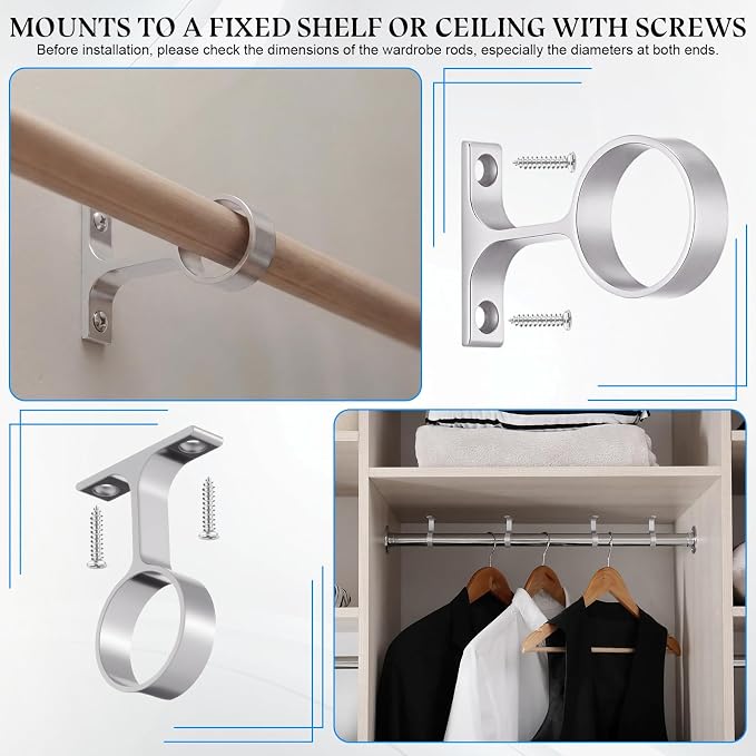 LEIFIDE 4 Pcs 1 5/16 Inch Diameter Round Wardrobe Closet Rod Suspended Center Support with Installation Screws Curtain Closet Rod Ceiling Mount Bracket for Home Wardrobe (Satin Silver)