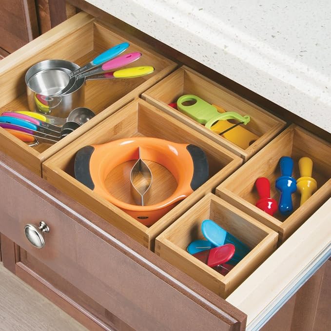 mDesign Bamboo Kitchen Cabinet Drawer Organizer Tray Bin - Eco-Friendly, Multipurpose - Use in Drawers, on Countertops, Shelves or in Pantry - 6.9 x 10.4-2 Pack - Natural Wood Finish