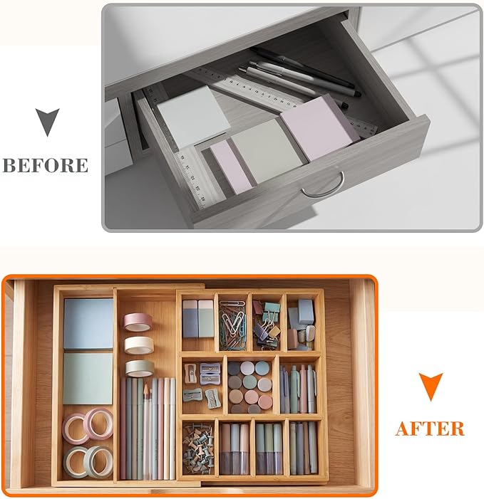 Bamboo Sliding Desk Drawer Organizer 8.6'' up to 17'' x 12'' x 2.2'' Expandable Office Desk Accessories Supplies Tray with 11 Compartments for Pens, Notebooks, Rulers, and Makeup Jewelry Vanity