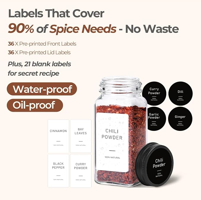 ComSaf Glass Spice Jars with with Labels 4 oz 24 Pack Small Square Bulk Set | Empty Containers, Seasoning Herb Powder, Salt Pepper Chili, Spice Rack Organization, Kitchen Cabinet Storage, Funnel Included
