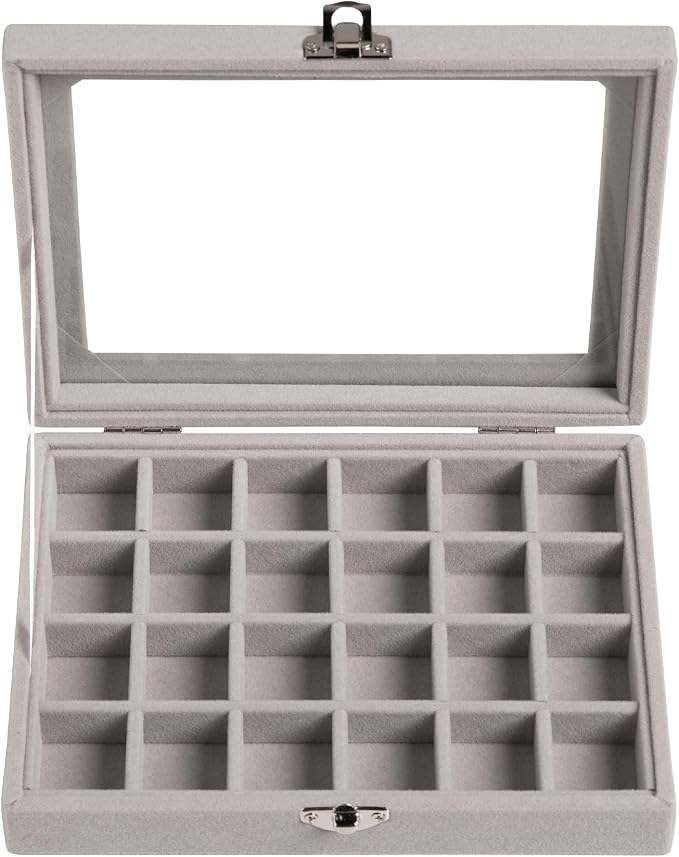 Frebeauty 24 Grid Earring Organizer,Small Velvet Jewelry Tray with Lid | Portable Jewelry Box for Rings Stud,Velvet Lining for Protecting Jewelry,Adjustable Dividers,Glass Lid for Clear Review
