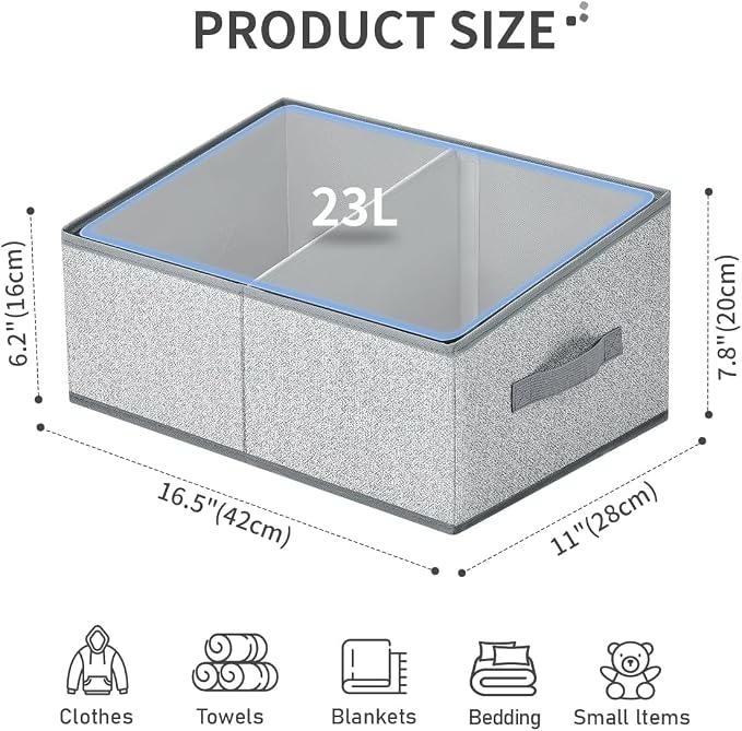 DIMJ Storage Baskets for Shelves 8 Packs - Large Trapezoid Closet Organizer Bins with Handles and Divider, Foldable Clothes Containers Box for Shelf, Towel, Book, Toy, Purse, Grey