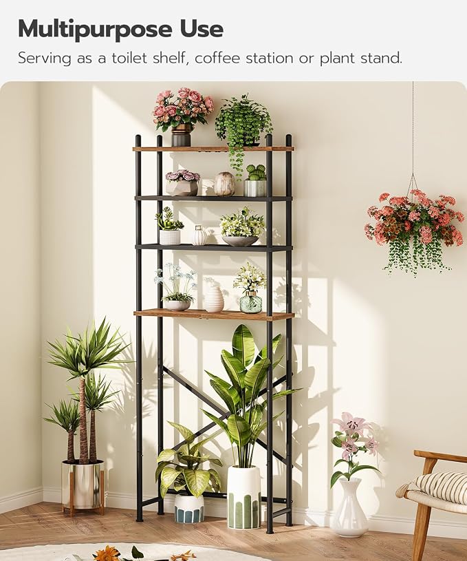 HOOBRO Over the Toilet Storage, 4-Tier Over Toilet Bathroom Organizer, Freestanding Above Toilet Shelf with Adjustable Feet, Space Saving, Easy to Assemble, Rustic Brown and Black BF64TS01