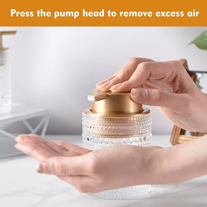 12oz Glass Liquid Soap Dispenser with Gold Pump, Hand Soap Bottles | Clear refillable bottle for bathroom hand soap, liquid, lotion. Cute decorative glass container. Easy to refill and clean