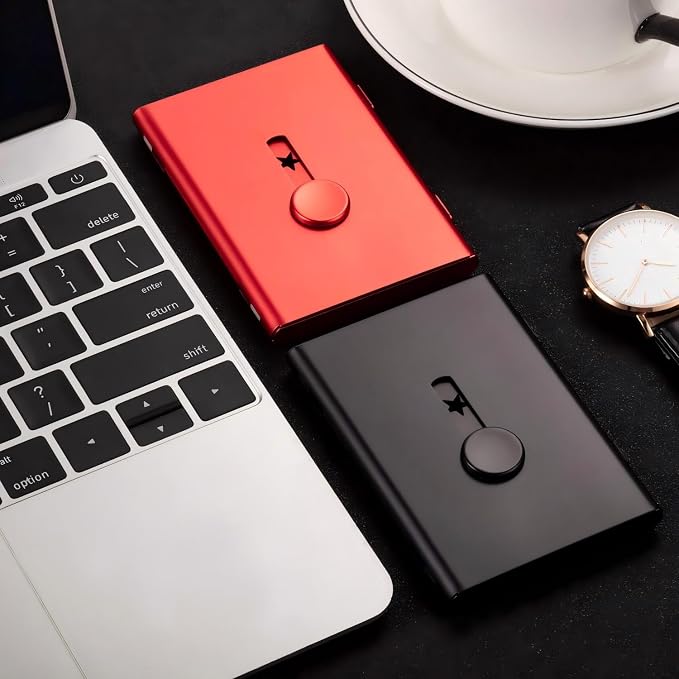 Tatuo 2 Pcs Business Card Holder Thumb Drive Black Red Stainless Steel Business Name Card Case Portable Slide out Name Holder Wallet Nice Design Pocket for Men and Women
