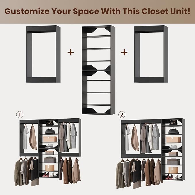 ROOMTEC Modular Closet System, 66" Wall-Mounted Closet Organizer with Hanging Rods and Shelves, Wooden Tower for Walk-In Closets, Wardrobe Storage Kit, Black