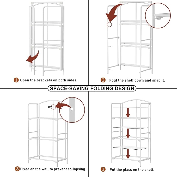 Crofy 3-Tier Foldable Bookshelf, White Frame & Transparent Shelves | No-Assembly Collapsible Portable Storage Organizer; Sturdy Transparent Shelves; Ideal for Living Room & Home Office