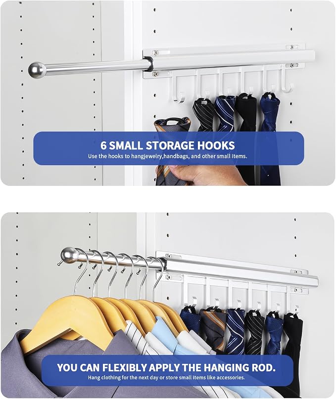 BaiNong Valet Rod for Closets Pull Out 16.5" Silver with 6 Hooks (2Pack) | Closet Valet Rod Slide Out for Closets, Laundry Rooms, RVs Space-Saving