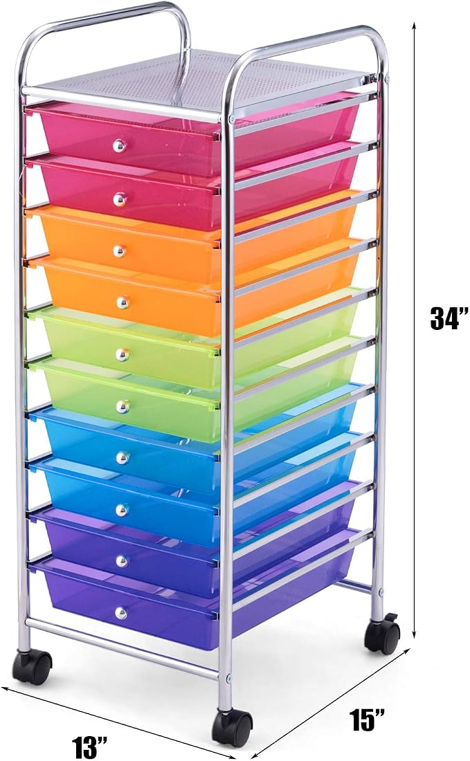 Happygrill 10-Drawer Storage Cart, Utility Cart with Removable Drawers & Metal Frame, Rolling Storage Cart with Lockable Wheels for Home, Office, Rainbow
