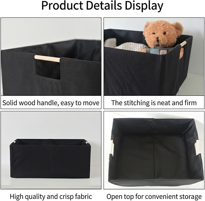 2 PACK Black Basket Black Storage Baskets Linen Decorative Storage Bins with Wooden Handles Foldable Rectangular Storage for Shelves, Closets, Home, Office