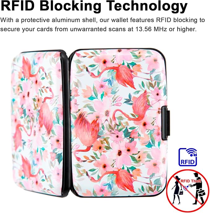 Credit Card Holder, Metal Card Wallet RFID Blocking Mini Slim Aluminum Business Hard Card Case for Women Men (Watercolor Floral Flamingo)