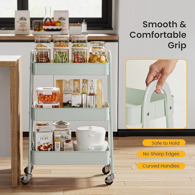 DUMOS 3 Tiers Rolling Cart, Utility Cart, Metal, Light Green | Mobile Storage, Lockable Wheels, Utility Shelving Unit, Kitchen, Bathroom, Laundry, Narrow Places