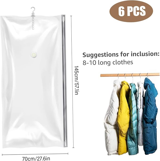 Vacuum Storage Bags, 6 Pack Hanging Vacuum Storage Bags for Clothes, Space-Saving Closet Organizer, 27.56x57.09 Inch..