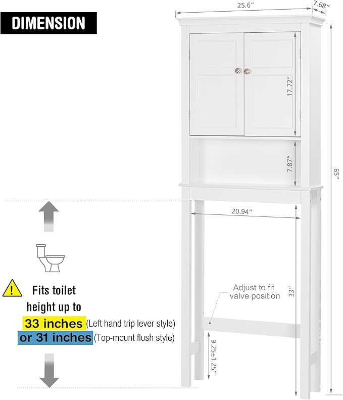 UTEX Over the Toilet Storage Cabinet with Doors and Adjustable Shelf, White | Open & Hidden Bathroom Storage, Anti-tip Bracket, Adjustable Lower Crossbar, 33-Inch Clearance, FSC-certified Engineered Wood