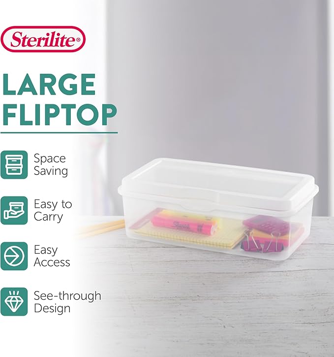 Sterilite 12-Pack FlipTop Stackable Rectangular Storage Bin with Hinging Lid, Clear | Bin with Hinged Lid, Stackable Multipurpose Organizer for Art & Craft Supplies, Accessories, Photos & CDs, Home or Office Use