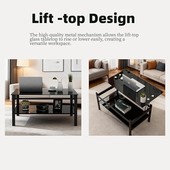 Meihua Lift Top Glass Coffee Table with Storage Compartment and Separated Open Shelves, Lift Tabletop for Living Room Home, Office, Black