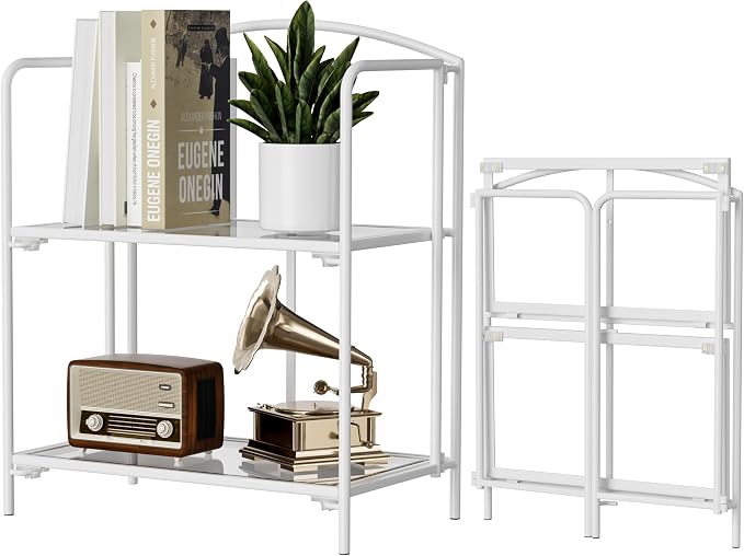 Crofy 2-Tier Foldable Bookshelf, White Frame & Transparent Shelves | No-Assembly Collapsible Portable Storage Organizer; Sturdy Transparent Shelves; Ideal for Living Room & Home Office