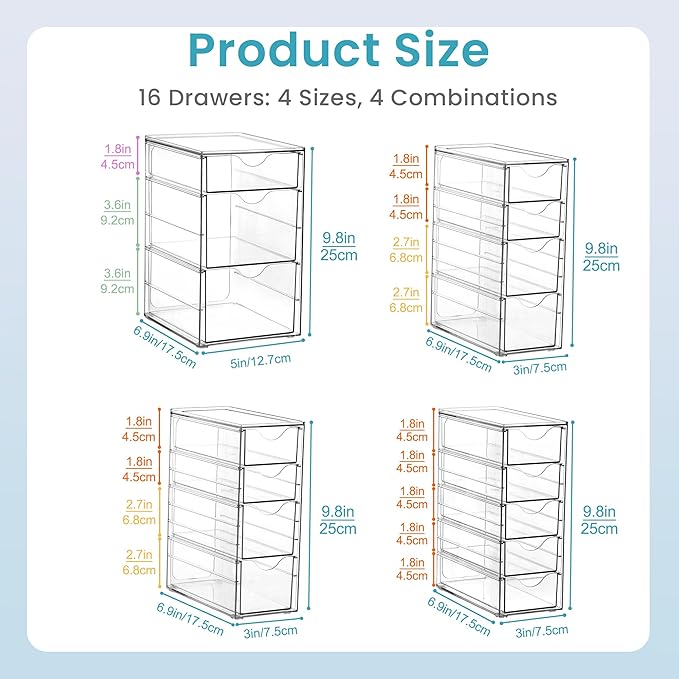 Vtopmart 4 Set Clear Desk Organizer, Acrylic Pen Organizer with 16 Drawers | Desktop Organization and Storage, Clear Storage Drawers for Office Supplies, Pen, Makeup, Art Craft, Jewelry, Nail