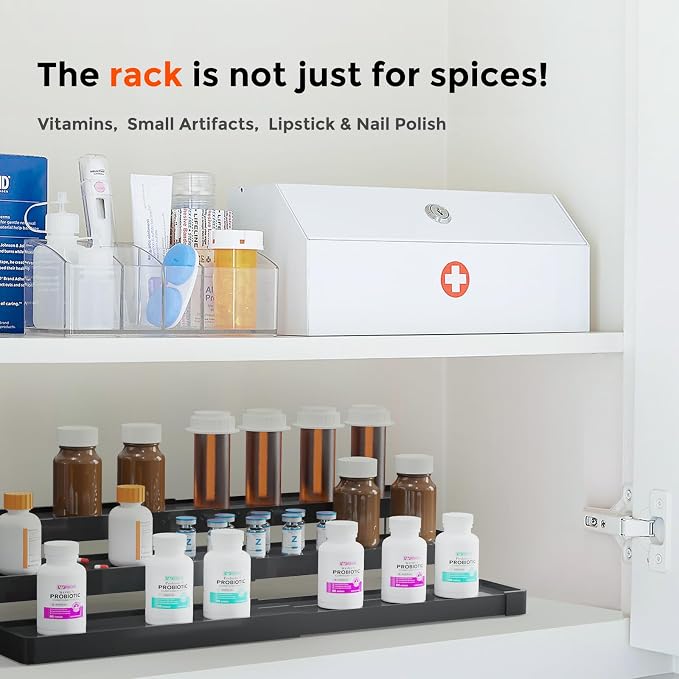 2 Pack Expandable Spice Rack Organizer for Cabinet - 3 Tier Adjustable Cabinet Spice Organizer Easy Visibility - Spice Organizer for Cabinet Countertop Cupboard Pantry Organization (Black)
