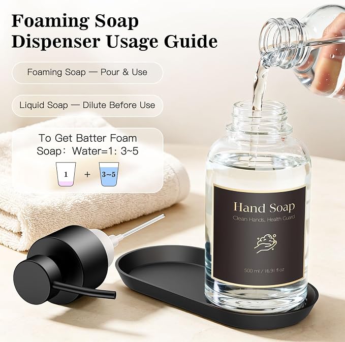 16.9 Oz Clear Glass Foaming Soap Dispenser, 2 Pack(Clear) | Refillable Hand & Dish Soap Pump, With Silicone Tray & 8 Waterproof Labels, For Bathroom & Kitchen，Perfect Housewarming Gift