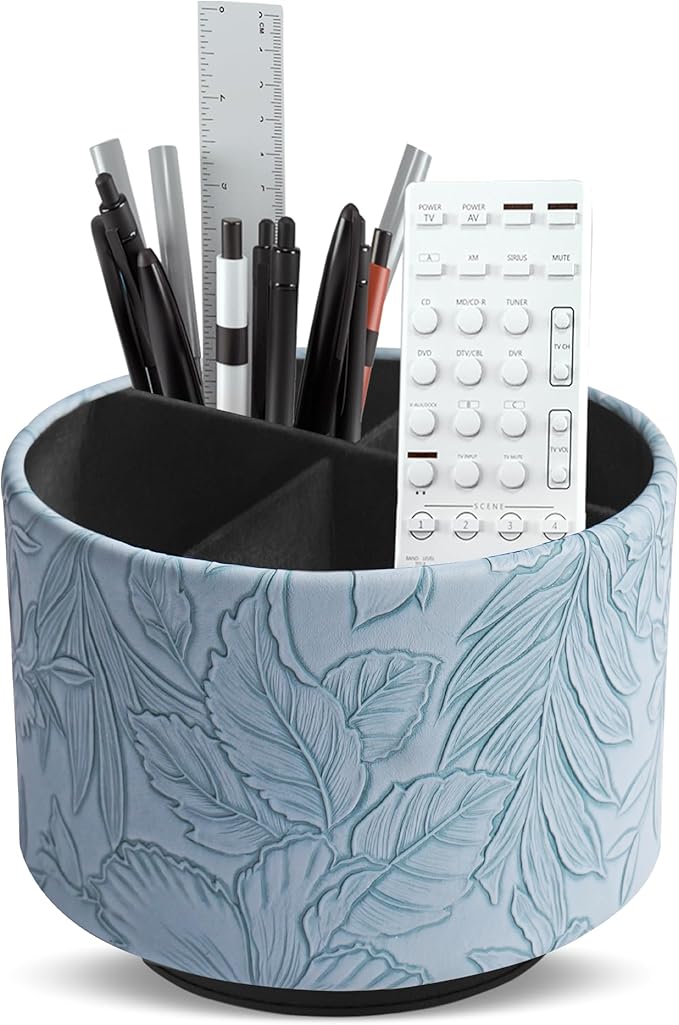 Round Leather Art Supply Organizer,Remote Control Holder,360 Degree Spinning,Multi-Functional Pencil Holder,4 Compartments Desktop Stationary Organizer(1-Carved Light Blue)