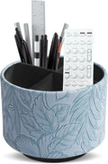 Round Leather Art Supply Organizer,Remote Control Holder,360 Degree Spinning,Multi-Functional Pencil Holder,4 Compartments Desktop Stationary Organizer(1-Carved Light Blue)