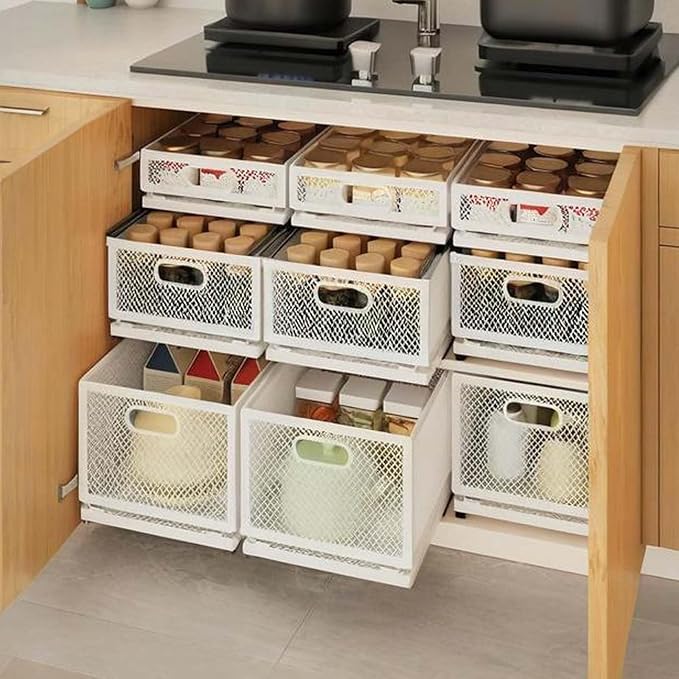 Pull-Out Cabinet Organizer W 9.4"x D 15.7"XH 8.3" Metal Steel Slide Basket with Adhesive Rails for Kitchen, Closet, Pantry Storage bathroom Sliding Drawer Rack undersink shelf