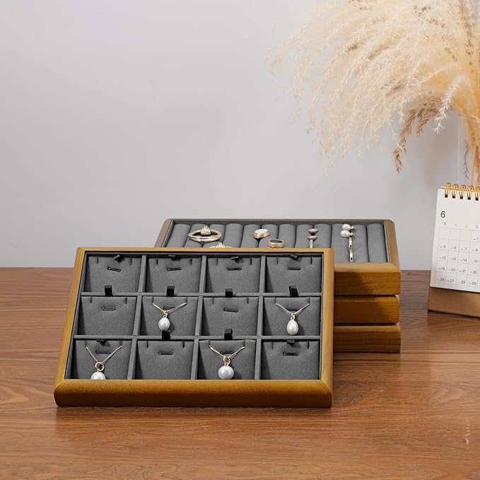 Oirlv Dark Grey Wood Jewelry Tray for Ring Display & Storage | Solid wood base with microfiber lining, multi-compartment design, ideal for jewelry display, ring storage & shop showcase