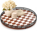 Brown Checkered Lazy Susan Decorative Tray, 12 Inch Round Rotating Tray with Black Metal Rail, Wood Turntable for Coffee Table Decor, Dining Table Centerpiece, Candle and Vase Display