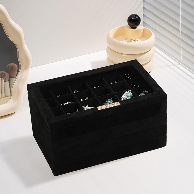 Frebeauty Stackable Jewelry Trays,Set of 4 Jewelry Organizer for Drawer | Glass Lid,Removable Dividers,Real Stackable Design,Velvet Material,Drawer Inserts,Jewelry Box for Earring Rings and Necklace