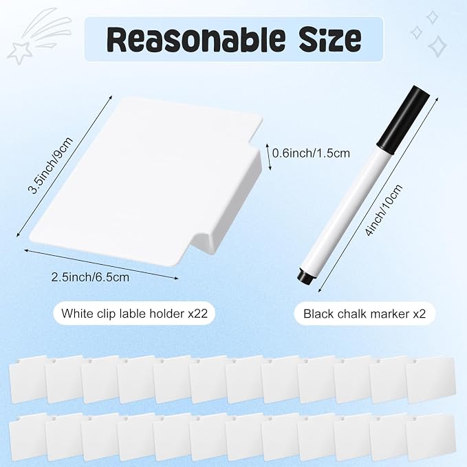 Chinco 24 Pcs Basket Label Clips Set Include 30 Removable Kitchen Clip Label Holder PVC Storage Bin with 2 Chalk Markers for Basket Kitchen Pantry Organization (White Clip,Black Pen)