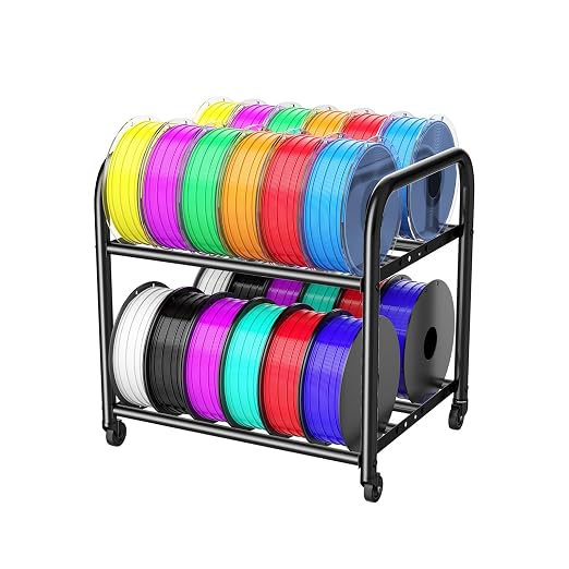 2-Tier Metal Filament Rack, 24 Spool Storage, Under Desk Cart for Workshops | Adjustable 2-tier Shelves Fit 250g-1KG Spools, Sturdy Metal, 33lb/shelf, 4 Swivel Wheels,Tool-Free Install