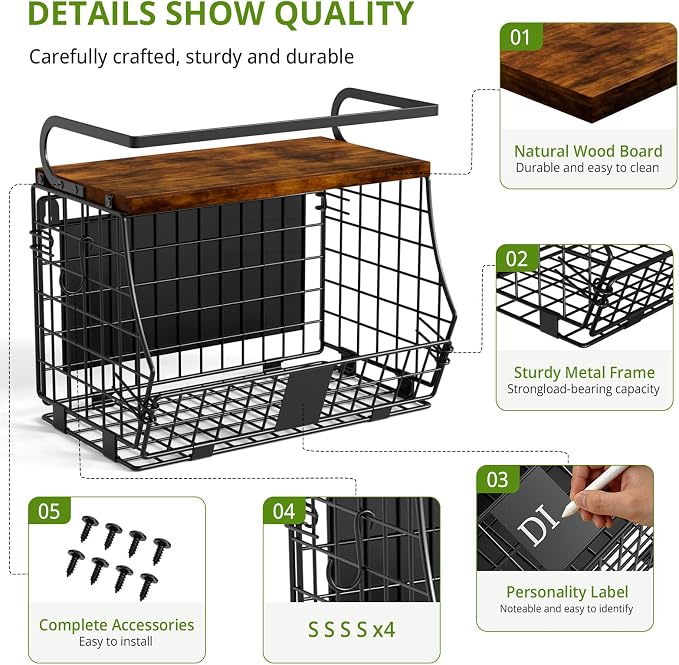Magnetic Shelf for Fridge with Wood Top & Produce Basket – 2-in-1 Magnetic Spice Rack for Refrigerator – Space-Saving Kitchen Organizer for Fruits, Potatoes, and Onions (with Hooks)