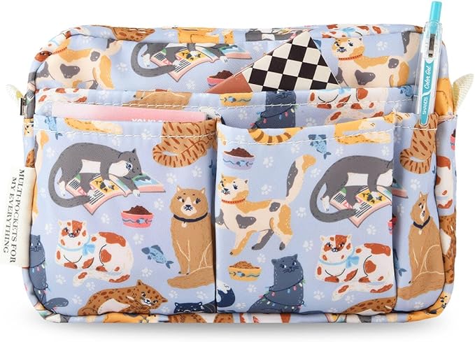 Multiple Pockets Portfolio Organizer with Zippered,Storage Pencil Pouch Bag | Waterproof Travel Toiletry Bag,Portable Pencil Pouch for Notebooks,Stationeries,Make-up,Journal Office Art Supplies.Blue Cat