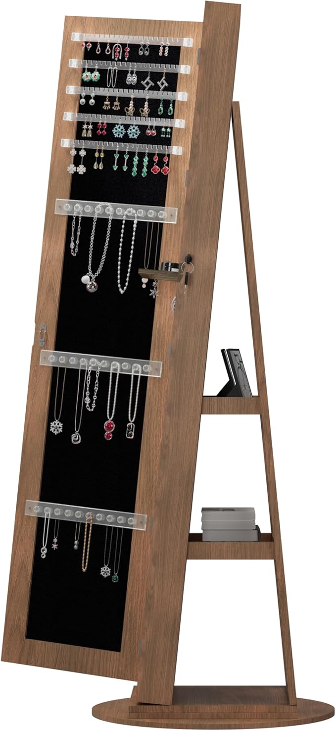 62" 360° Swivel Freestanding Storage Chest, Jewelry Cabinets with Interior Light, Utility Organizer with Lockable Design for Home Dressing, Walnut