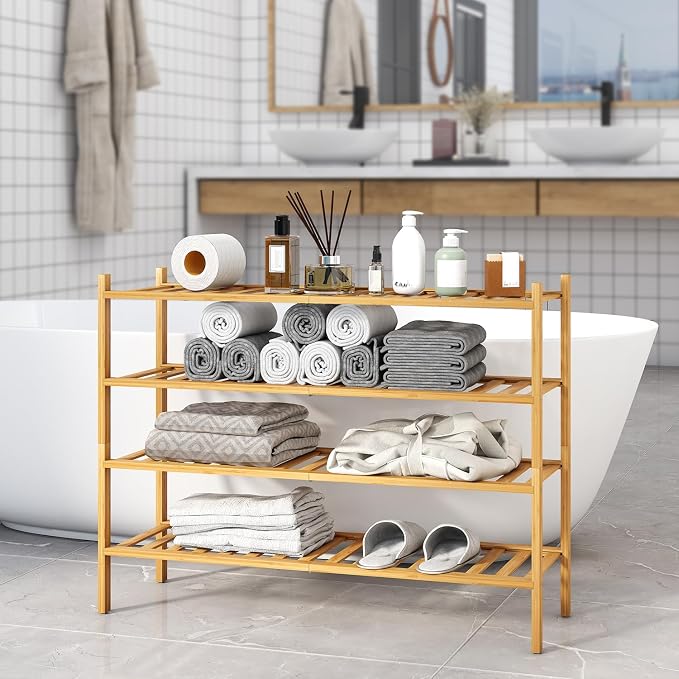 Long Shoe Rack, 4-Tier Bamboo Stackable Shoe Shelf Storage Organizer, Shoe Stand for Closet, Entryway and Hallway