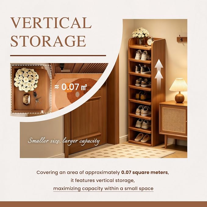 8 Tier Shoe Rack, Wood Tall Shoe Shelf for Closet Entryway | Vertical Shoe Storage Organizer, Space Saving Narrow Shoe Tower
