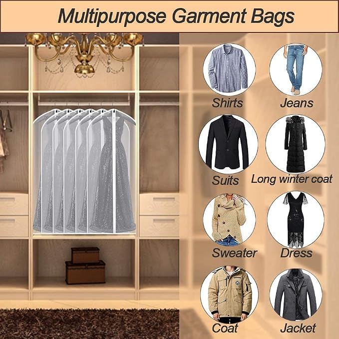 Garment Bags Covers 24''X60'' Dress Bags for Hanging Clothes (Pack of 6) with Study Full Zipper Coat Covers for Closet Clothes Storage Travel