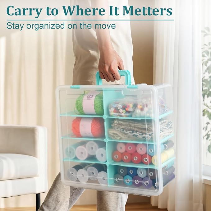 BTSKY Clear Plastic Dividing Storage Box with 8 Deep Compartments Adjustable Storage Bin with Lid Portable Craft Storage Container Multipurpose Sewing Box Art Supply Organizer, 15.1x13.9x6.1 Inches