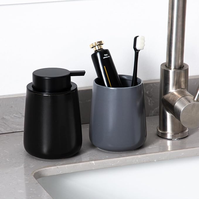 Enra Black Soap Dispenser,12 oz Ceramic Hand Lotion Dispenser, Refillable Dish Soap Dispenser,Modern Liquid Soap Dispenser for Bathroom,Kitchen with Easy-to-Press Pump(Black Liquid Type)
