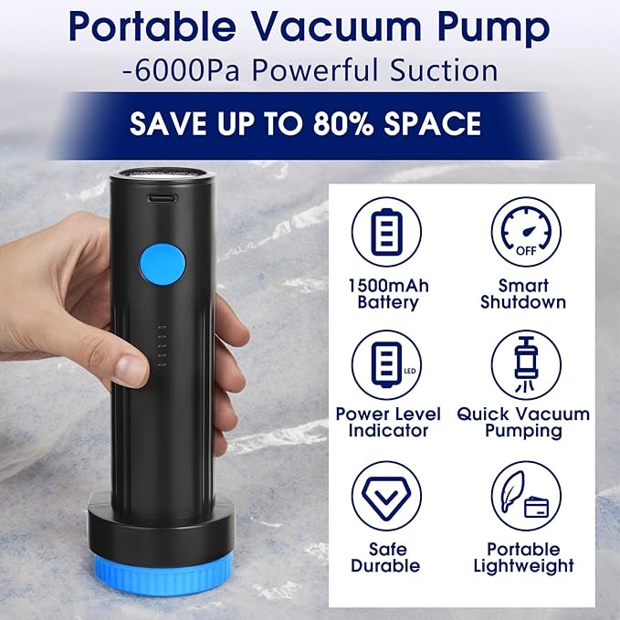 6.0Kpa Cordless Electric Vacuum Pump for Storage Bags, USB Rechargeable Portable Vacuum Sealer for Travel Air Pump Compression Bag Pumps for Clothes Blankets Bedding, Blue Black (No bags)