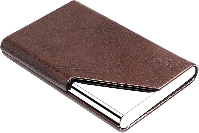 Padike Business Card Holder, Upgraded Leather Business Card Case Pocket Card Holders for Men or Women, Metal Slim Name Card Holder RFID Blocking Business Card Carrier with Magnetic Closure (Z-Coffee)