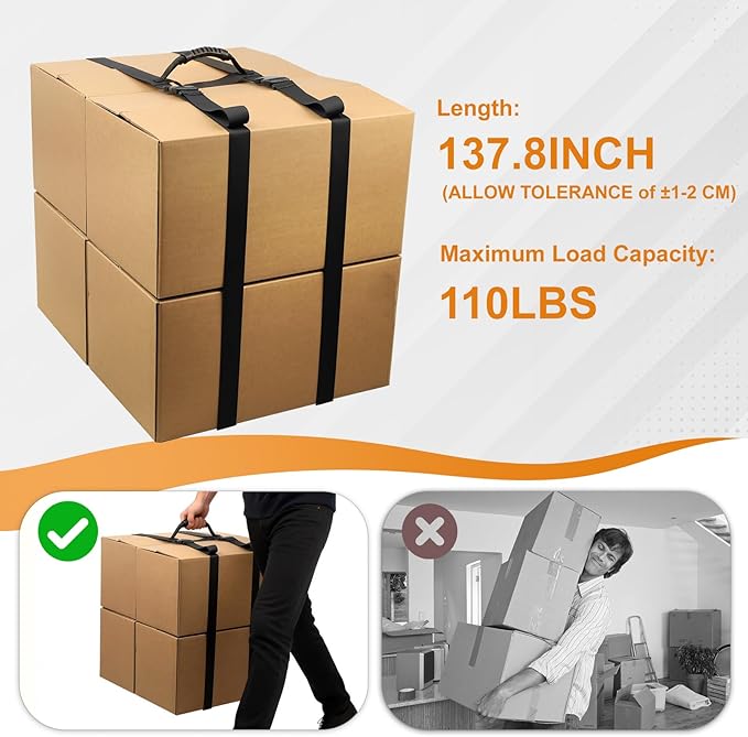 137.8 Inch Box Carrying Strap with Handle, Extra-Long Adjustable Heavy Duty H-Shaped Style Straps with Strap Organizer Clip, Handheld Belt Designed for Safely Lifting Large Boxes, Easy to Move Luggage