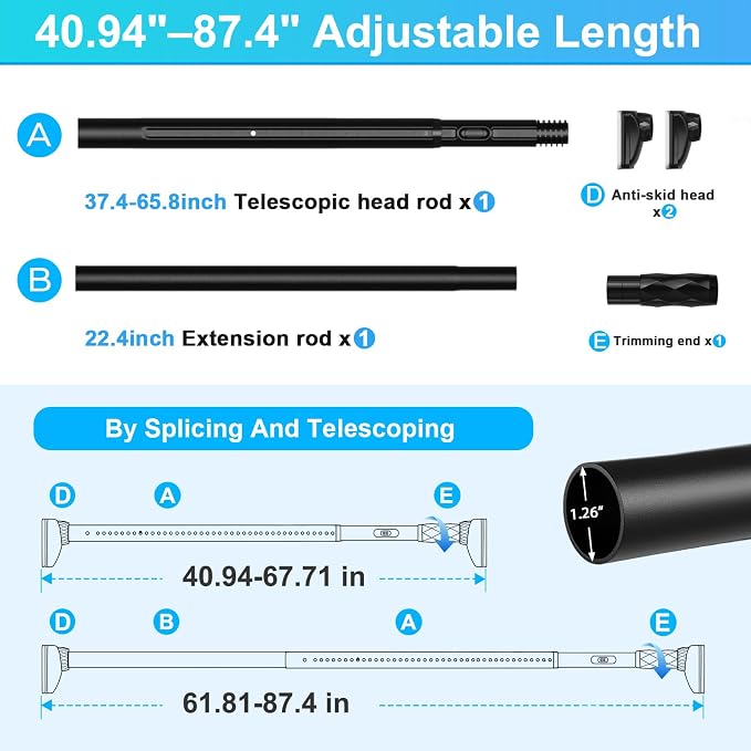 Closet Rods For Hanging Clothes,41-87 In Extra Long Tension Rod For Closet,Adjustable Rod Without Drilling 33lb Heavy Duty Closet Rods Diameter 1.26in-One-Bond Stretching,Black